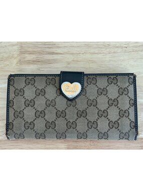 Gucci Brown GG Canvas & Leather Heart Clasp Wallet For Women
